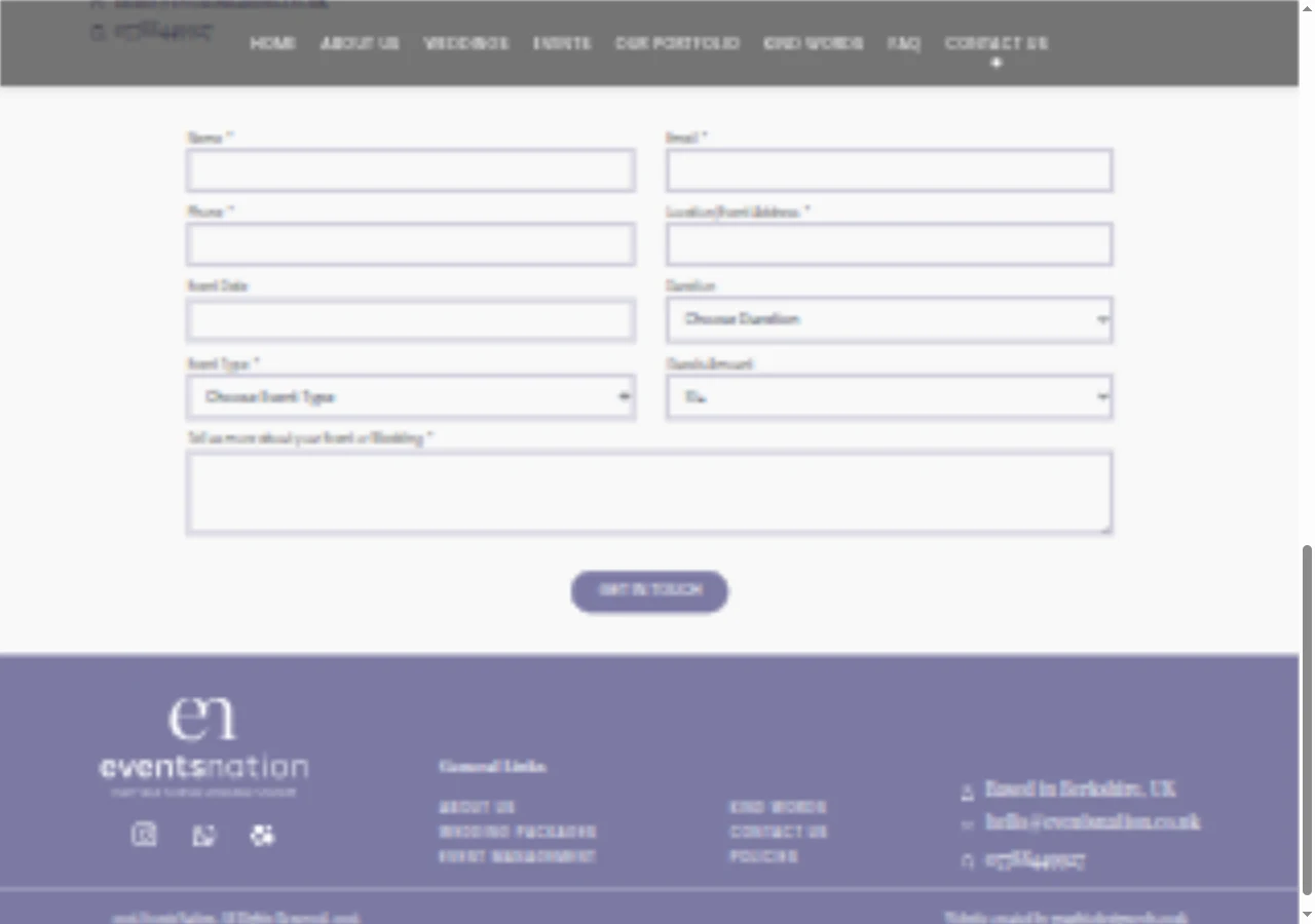 EventsNation enquiry form with contact details, location, date, duration, event type, guest count and message fields